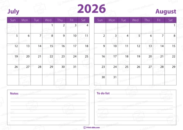 July and august 2026 calendar free download