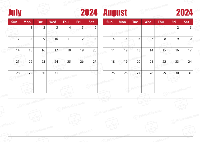 July and August 2024 Calendar Free Download