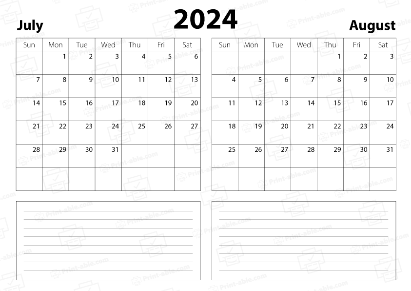 July and August 2024 Calendar Free Download