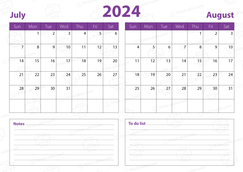 July and August 2024 Calendar Free Download