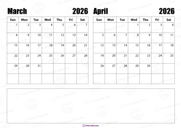 march and april 2026 calendar printable free download