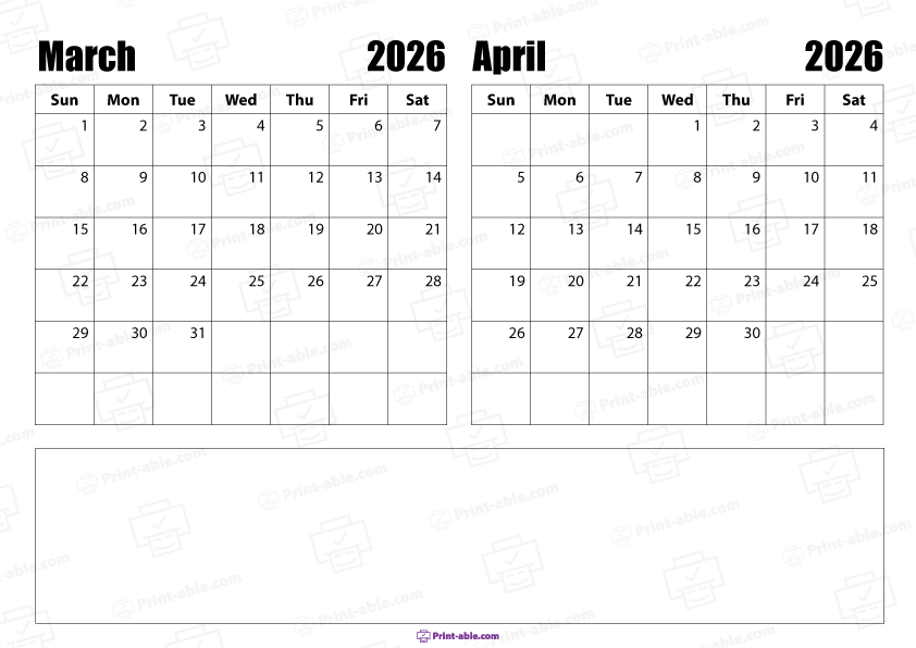 March and April 2026 Calendar Free Download