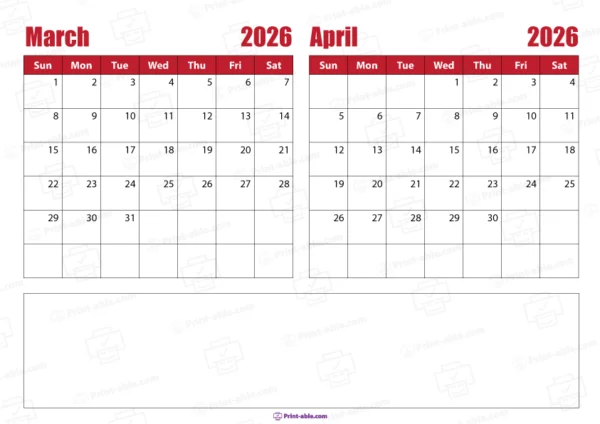 march and april 2026 calendar printable free download