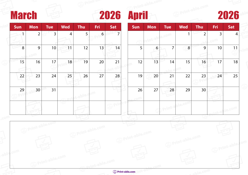 March and April 2025 Calendar Free Download