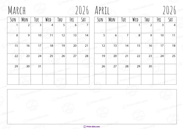 march and april 2026 calendar printable free download