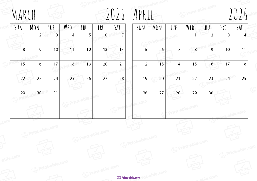 March and April 2026 Calendar Free Download