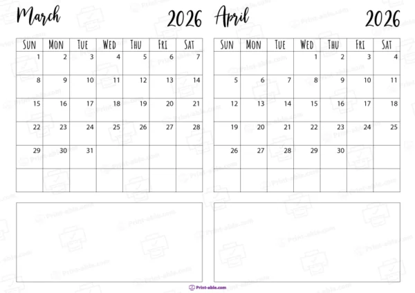 march and april 2026 calendar printable free download