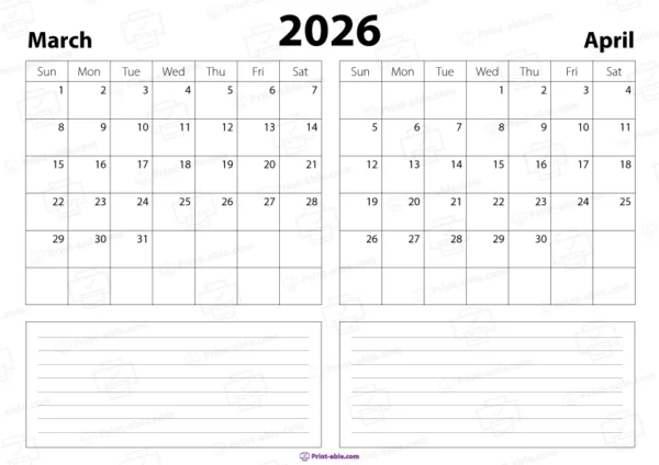 march and april 2026 calendar printable free download