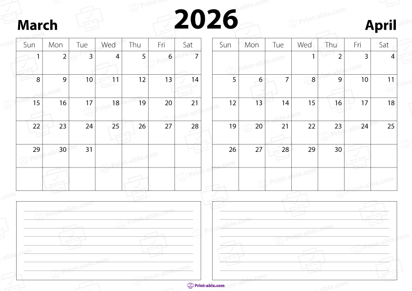 March and April 2026 Calendar Free Download