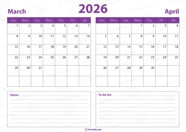 march and april 2026 calendar printable free download