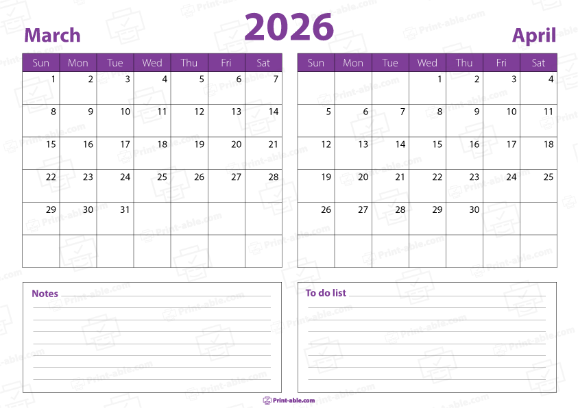 March and April 2026 Calendar Free Download