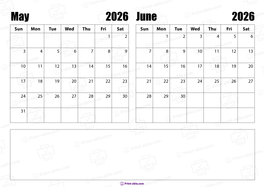 May and June 2026 Calendar Free Download