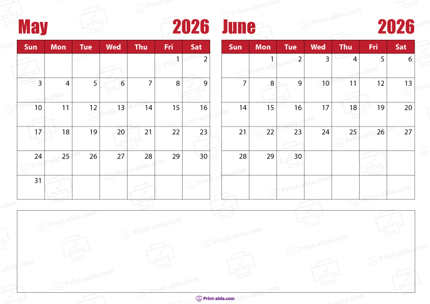 May and June 2026 Calendar Free Download