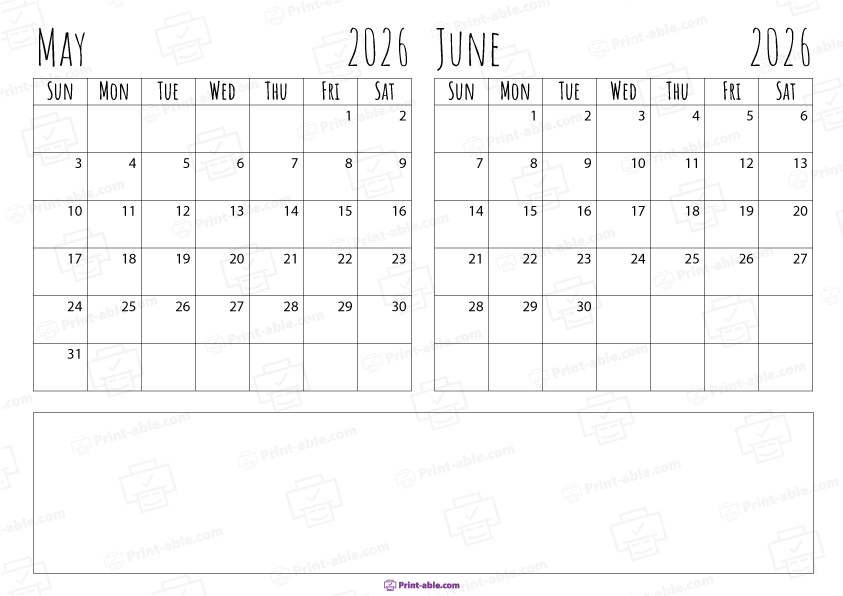 May and June 2026 Calendar Free Download