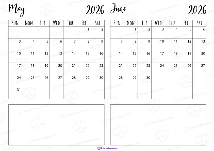 May and June 2026 Calendar Free Download