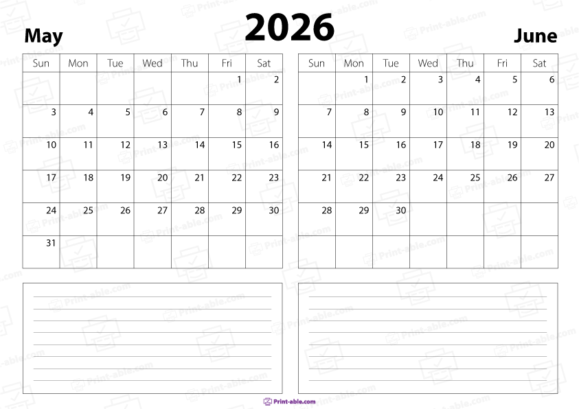 May and June 2026 Calendar Free Download