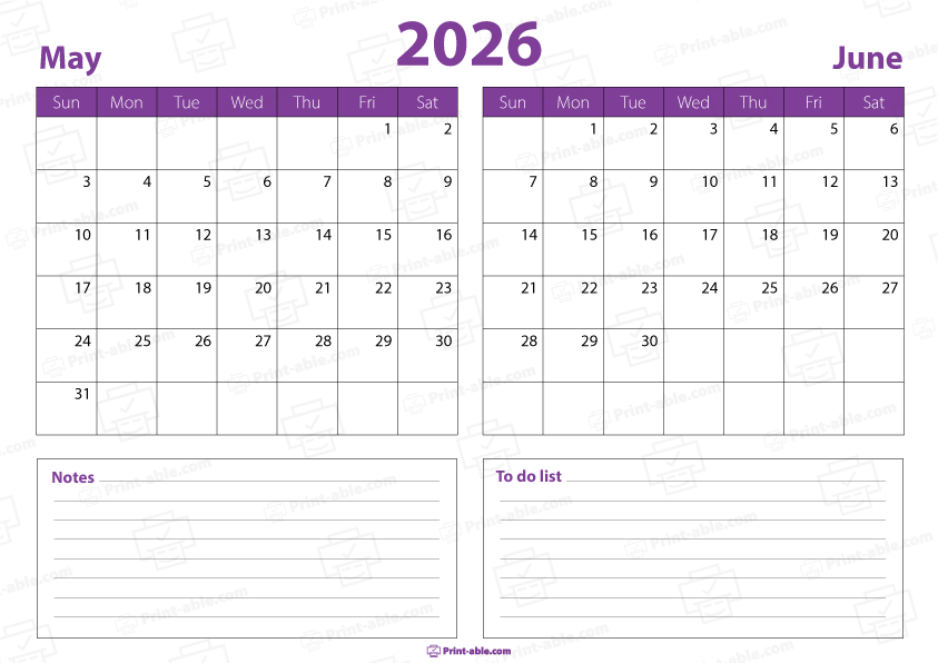 May and June 2026 Calendar Free Download