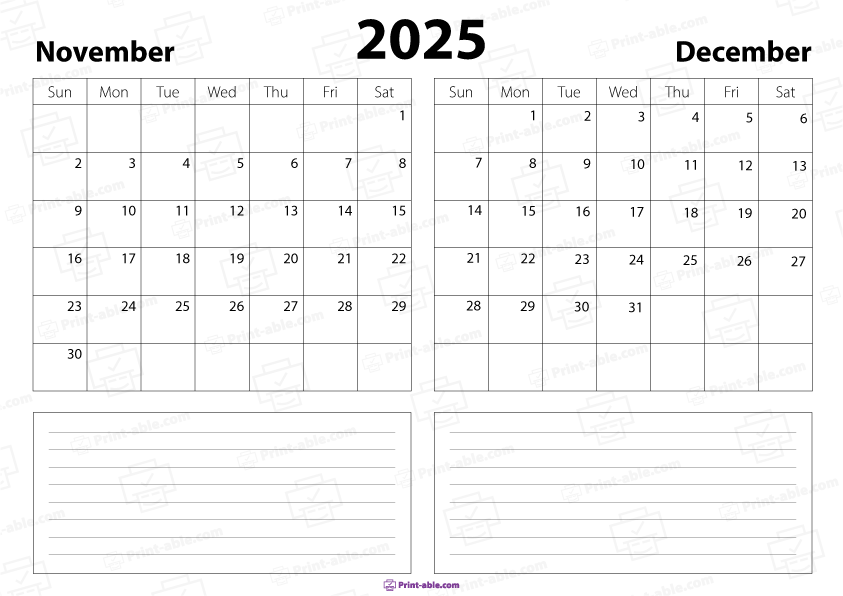 November and December 2025 Calendar Free Download