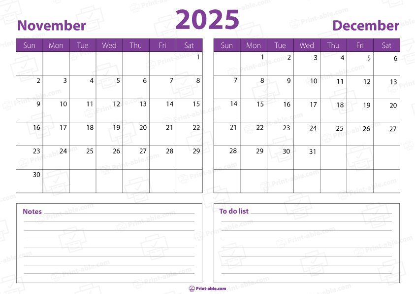 November and December 2025 Calendar Free Download