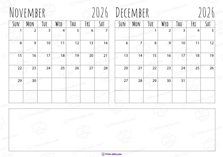 November and December 2026 Calendar Free Download