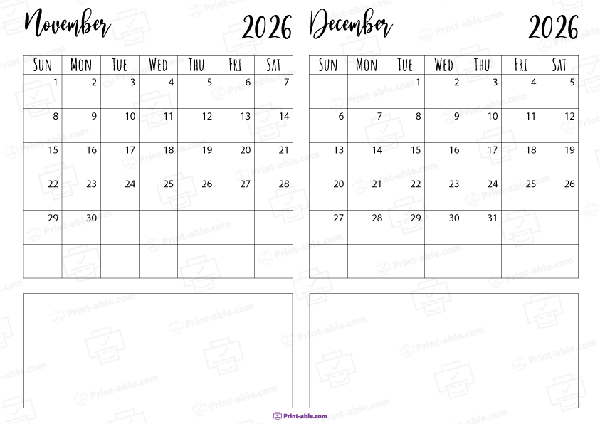 November and December 2026 Calendar Free Download