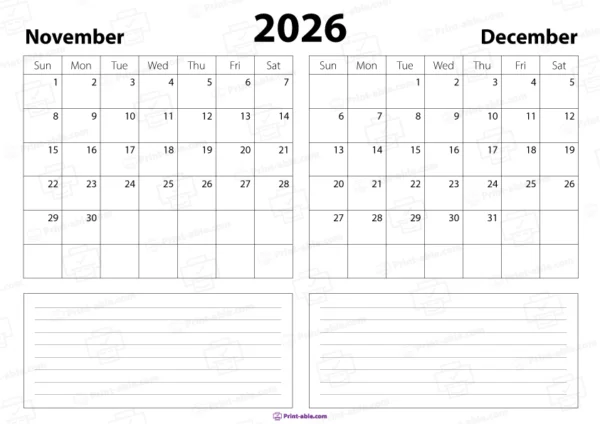 November december 2026 calendar free download