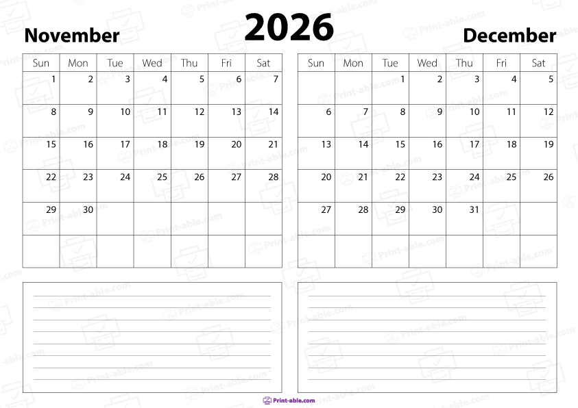 November and December 2026 Calendar Free Download