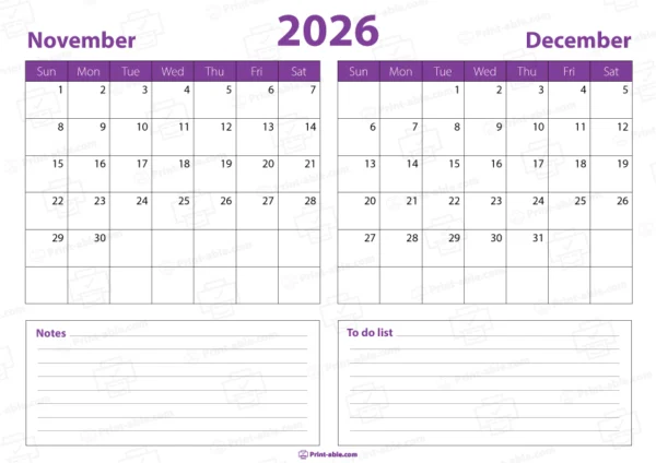 November december 2026 calendar free download