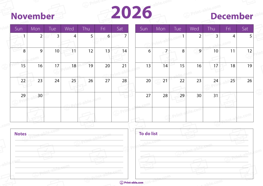 November and December 2026 Calendar Free Download