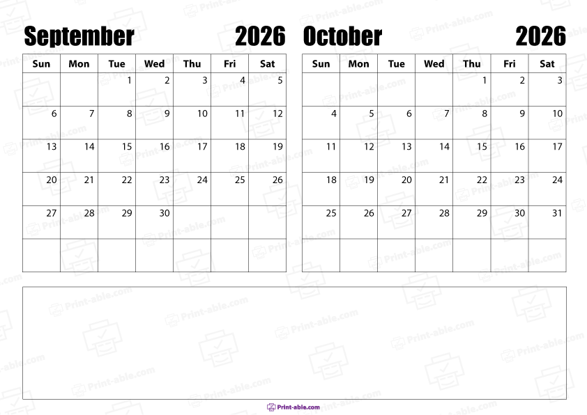 September and October 2026 Calendar Free Download