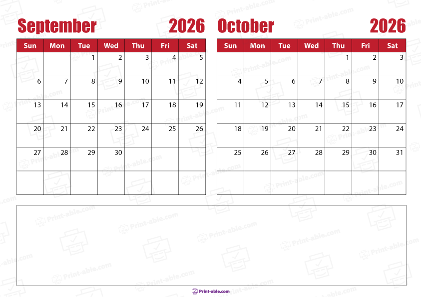 September and October 2026 Calendar Free Download