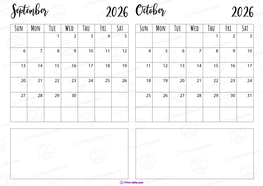 September and October 2026 Calendar Free Download