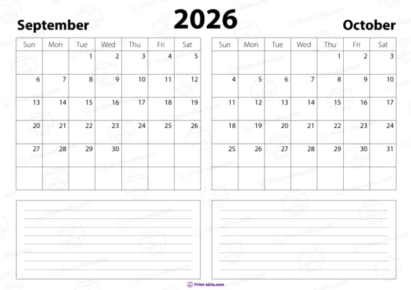 september and october 2026 calendar free download