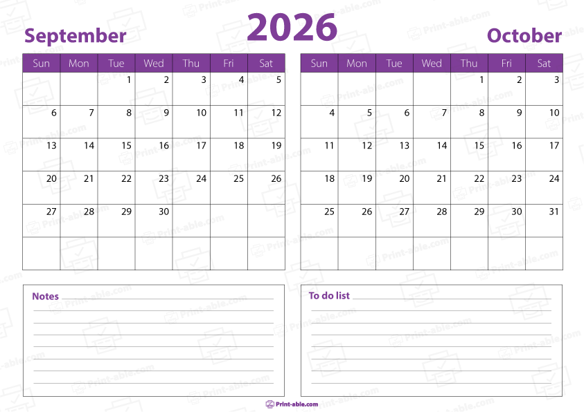 September and October 2026 Calendar Free Download