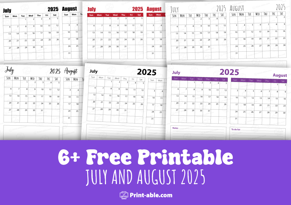 July and august 2025 calendar free download