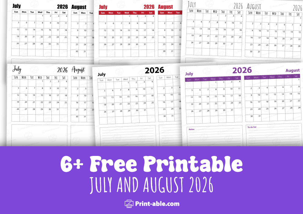 July and august 2026 calendar free download