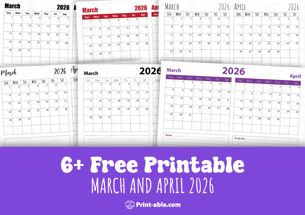 march and april 2026 calendar printable free download