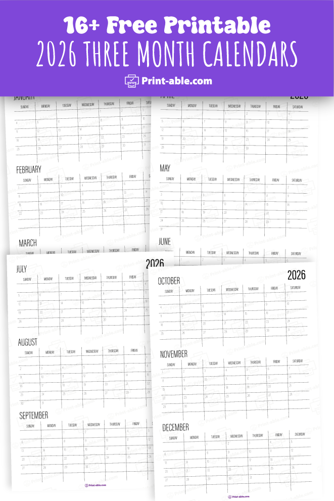 2026 three month calendars printable free download