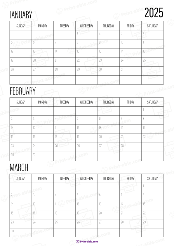 January to March 2025 Calendar Free Download