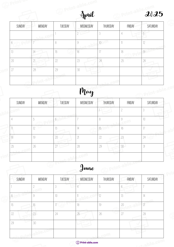 April to June 2025 Calendar (Quarter 2) Printable Free Download