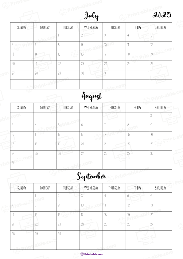 July to September 2025 Calendar (Quarter 3) Printable Free Download