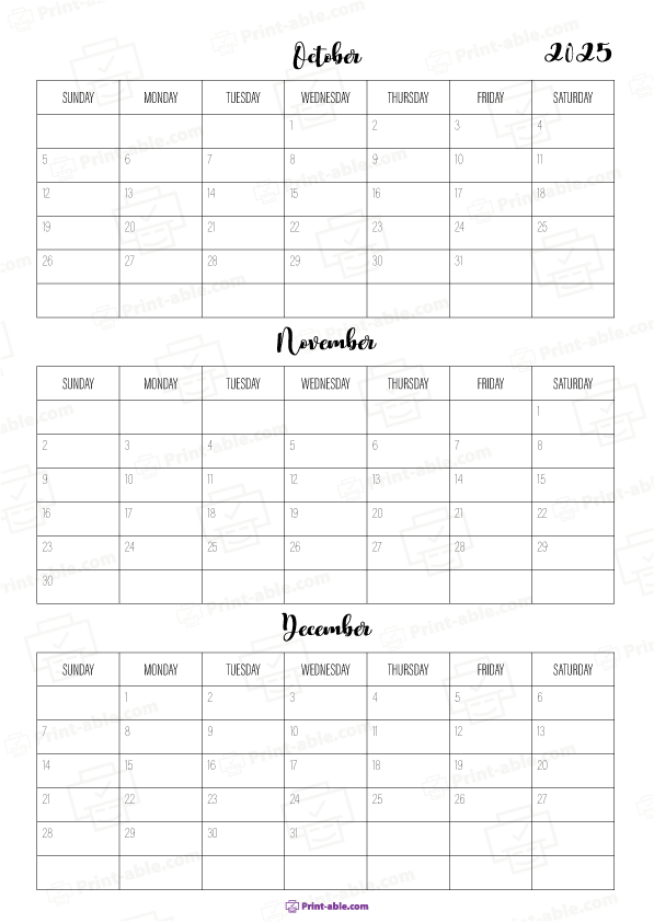 October to December 2025 Calendar Free Download