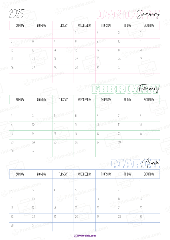 January to March 2025 Calendar (Quarter 1) Printable Free Download