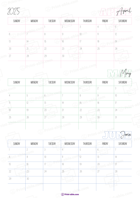 April to June 2025 Calendar (Quarter 2) Printable Free Download