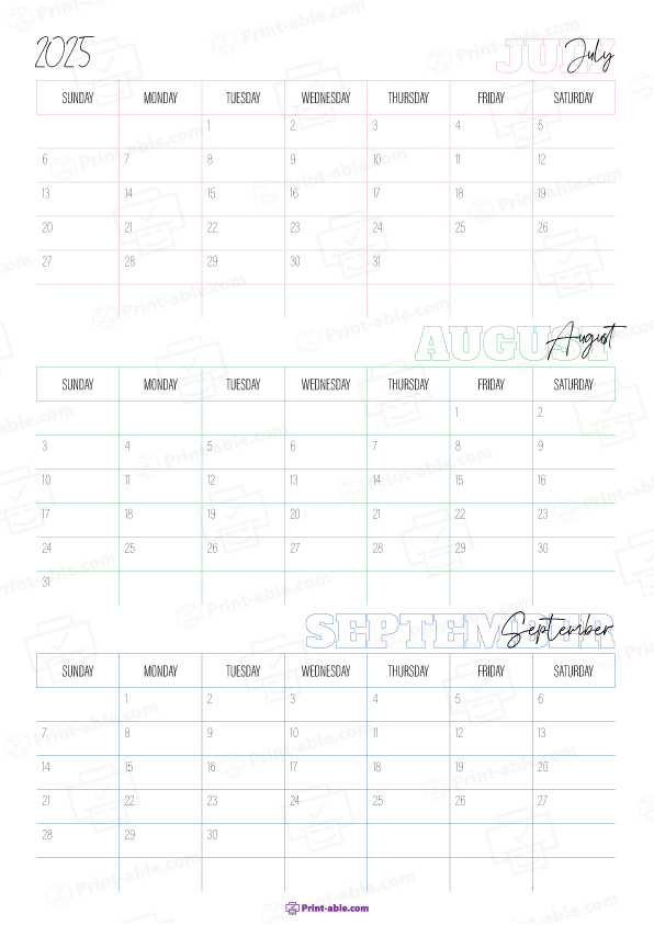 July to September 2025 Calendar (Quarter 3) Printable Free Download