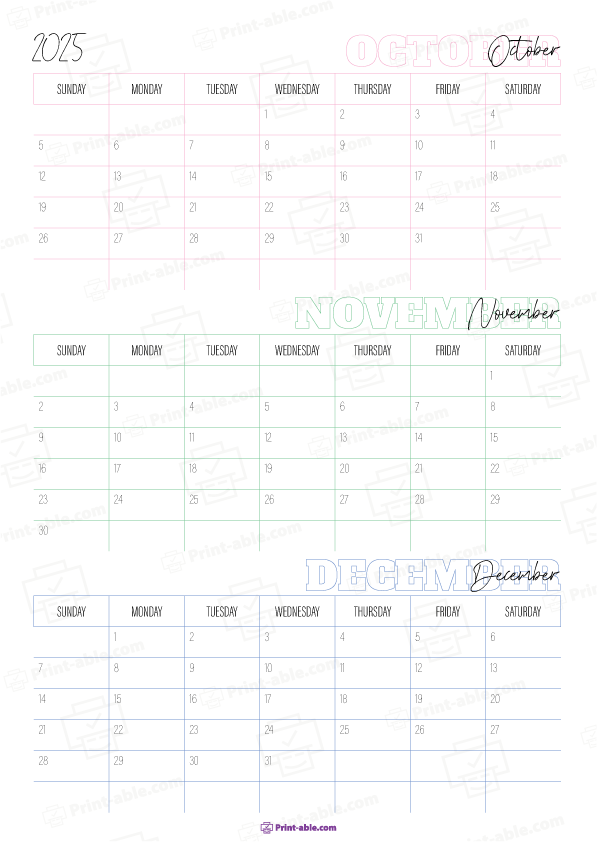 October to December 2025 Calendar Free Download