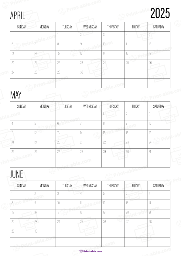 April to June 2025 Calendar (Quarter 2) Printable Free Download