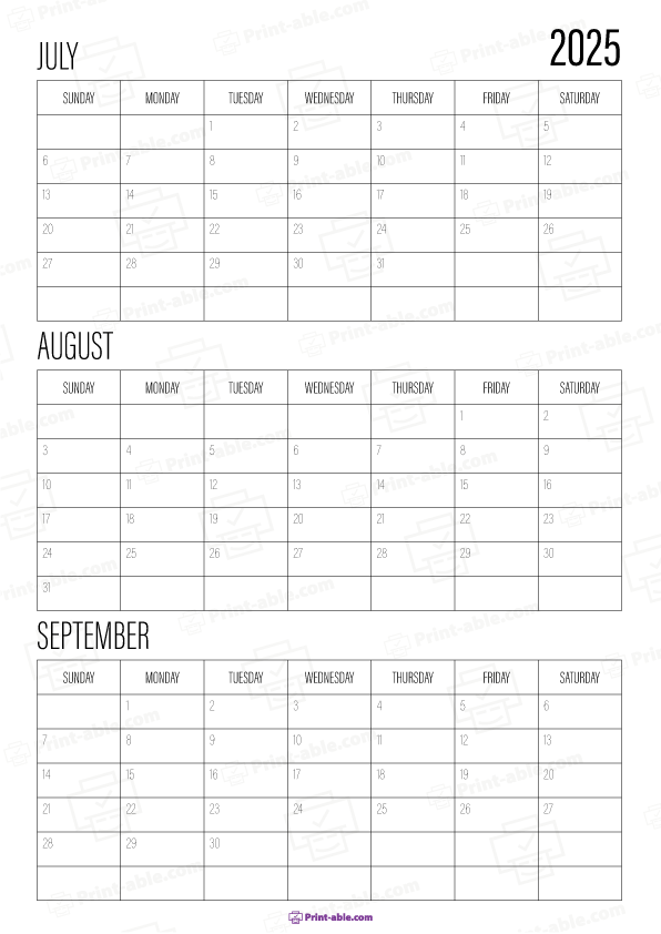 July to September 2025 Calendar Free Download