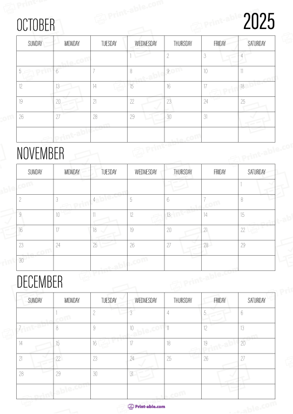 October to December 2025 Calendar (Quarter 4) Printable Free Download