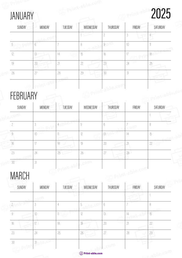 January to March 2025 Calendar Free Download